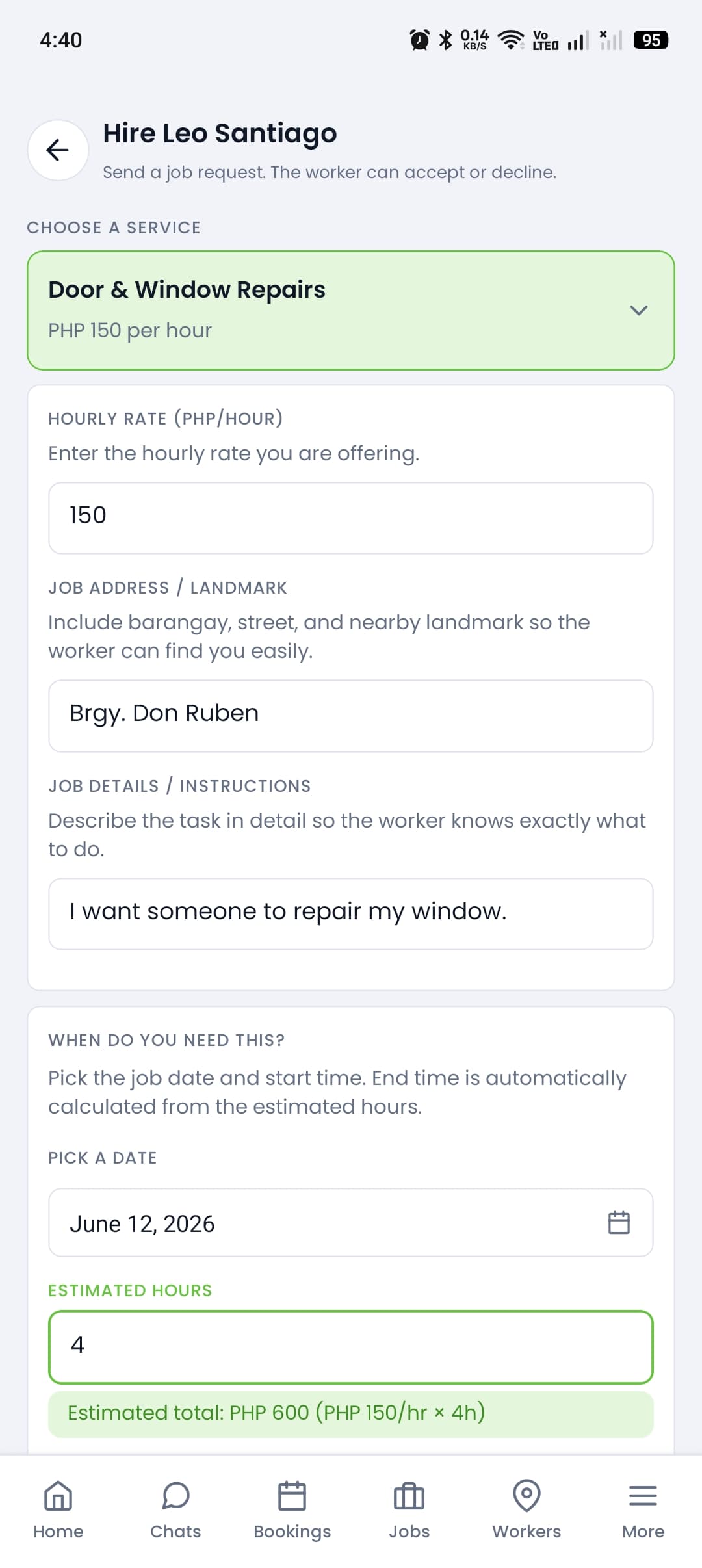 Hiring a worker on Workermo — request form with service details