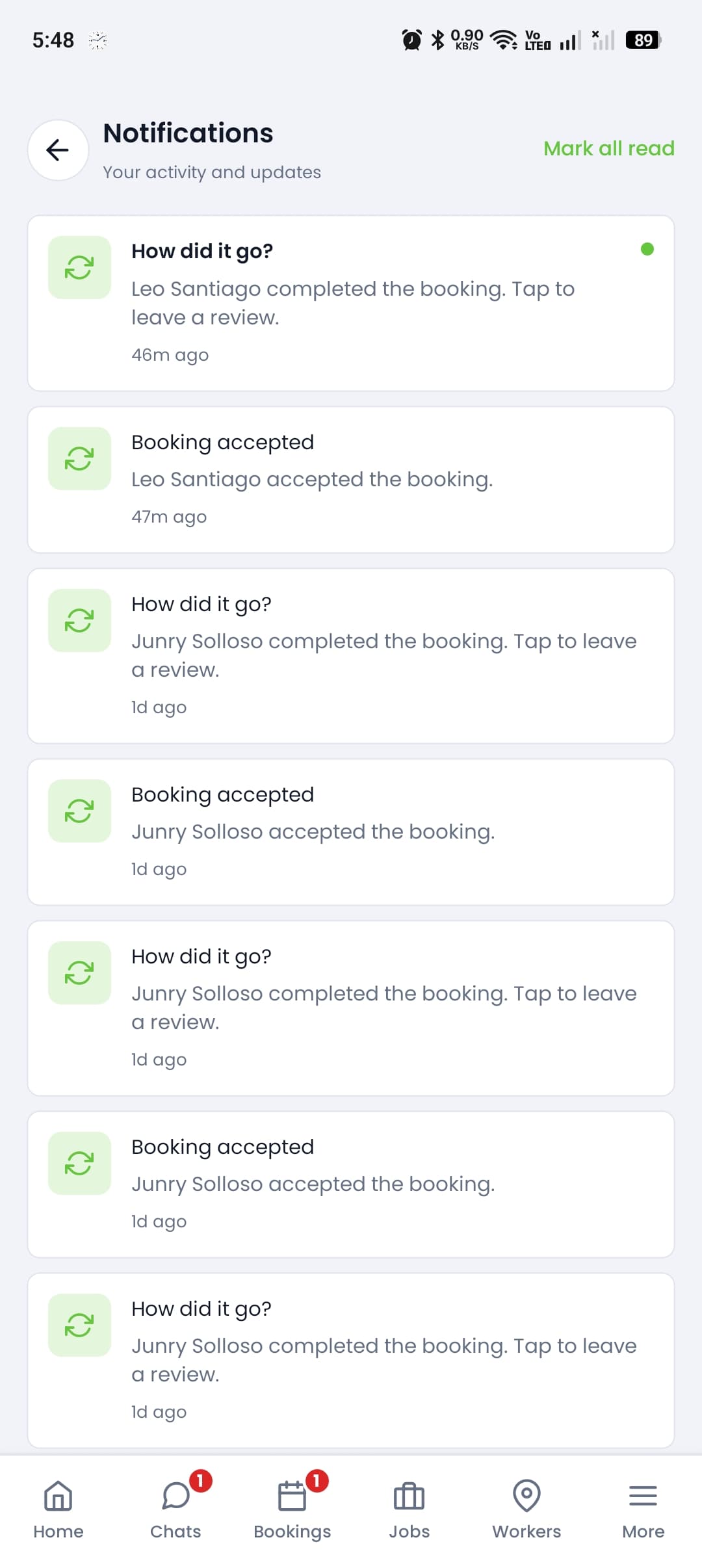 Notifications screen on Workermo